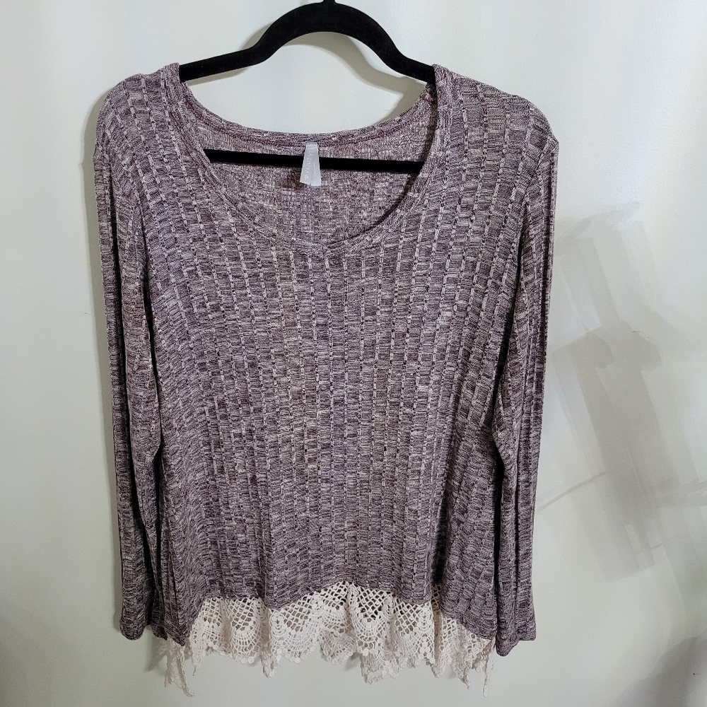 Vanity Women's Lavender Knit Long-Sleeve Top with Lace Hem, Size L